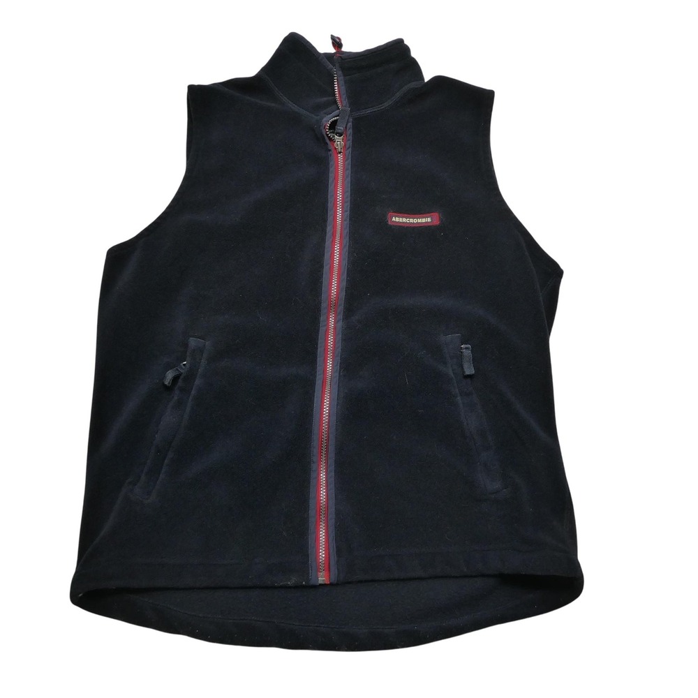 Abercrombie & Fitch Vest Mens Large Black Fleece Full Zip Pockets Logo Red Trim